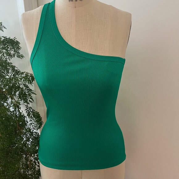 FORTE FORTE One-Shoulder Ribbed-Knit Tank Top in Fern Green Size Medium - Picture 4 of 9
